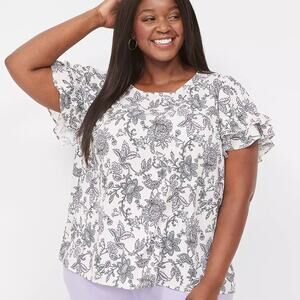 Lane Bryant Cream w/Purple & Blue Floral Chiffon Flutter-Sleeve Blouse Top 18/2X